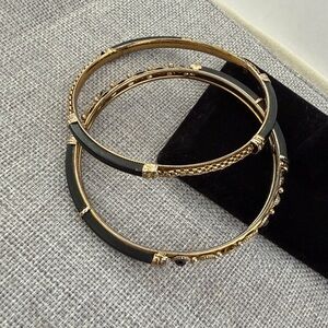 Gold Tone & Black Enamel Bangle Bracelets Set | Textured Stackable Bangles